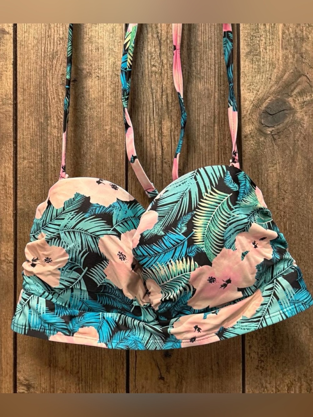 OP Tropical Floral Bikini Top in Teal & Pink LARGE